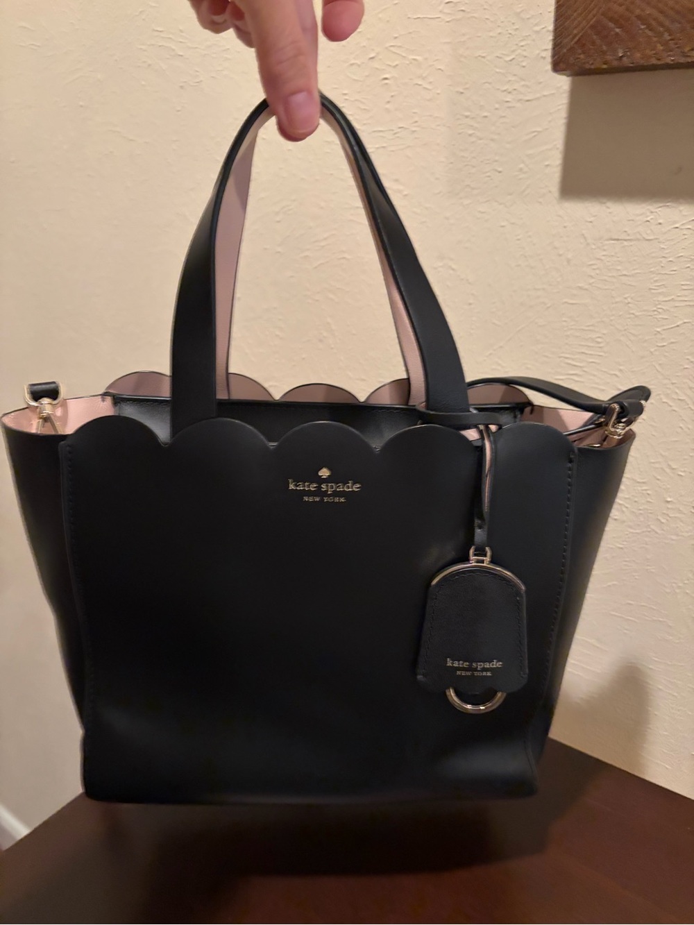 kate spade Black Tote with Scallop Edge and Pink Interior